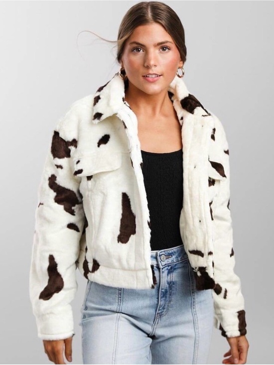Ashley By 26 International Jackets & Blazers - Faux Fur Cowprint Jacket - White & Brown